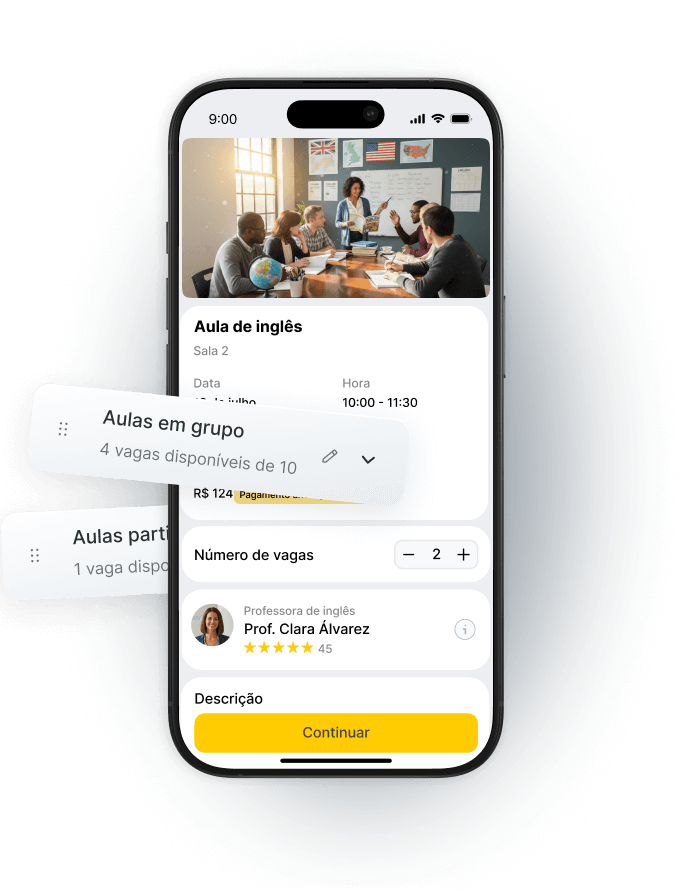 Mobile app interface showing English class details and available spots for group and private classes.